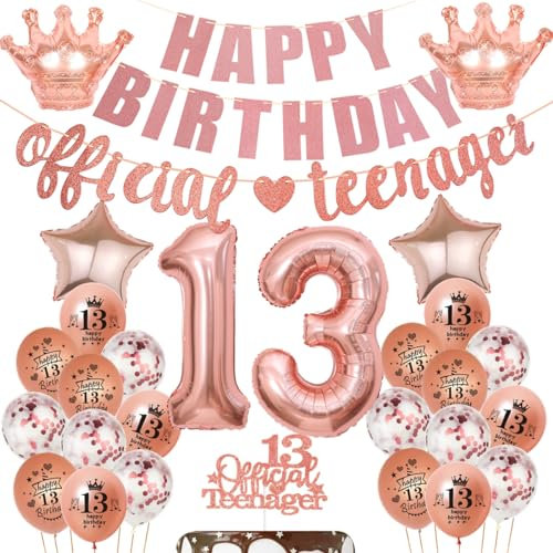 Ohaoduo 13. Geburtstag Deko Rosegold, 13 Jahre Mädchen Geburtstag Ballon, Offizielle Teenager 13. Dekorationen, Mädchen Luftballon 13. , Rosegold 13. Tortendeko