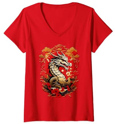 Femme Dragon du Nouvel An lunaire chinois 2024 T-Shirt avec Col en V