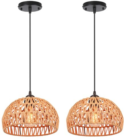 LIGKIN 2 Stücke Vintage Boho Rattan Lampe Pendelleuchte Hängelampe, E27 Metalle Geflochten Lampenschirm Pendellampe, Ø25CM Rustikal Industrielle Kronleuchter für Schlafzimmer Kindergarten Korridor