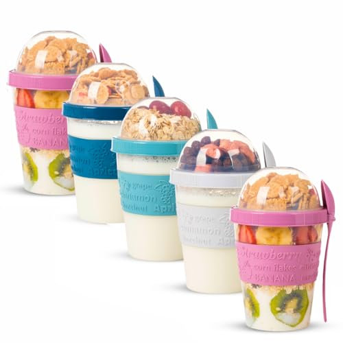 EYNEL 4 Pack On The Go Cereal Yogurt Cups with Lids and Spoon, Overnight Oats Container, Reusable Parfait Plastic Milk Pot Breakfast Crunch Granola Oatmeal Smoothie Snack Prep Jar (5 Colors Set)