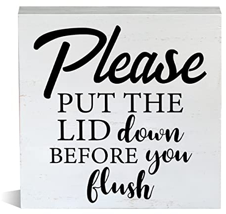 Farmhouse Please Put the Lid down Before You Flush Wooden Box Sign Bathroom Wood Block Tabletop Sign Decorative Desk Sign Home Toilet Shelf Decor 5 X 5 Inches