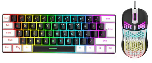 60% Wireless Gaming Keyboard and Mouse Combo, LED RGB Backlit Compact Keyboard and Mouse, 61 Keys Ergonomic Keyboard for Gaming, Business Office (Black Center White Frame)