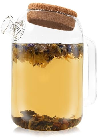 Horae - Théière en verre transparent 1L avec filtre en inox - Verre borosilicate résistant à la forte chaleur - Bouchon en liège - Une théière idéale pour infuser des fleurs et des plantes