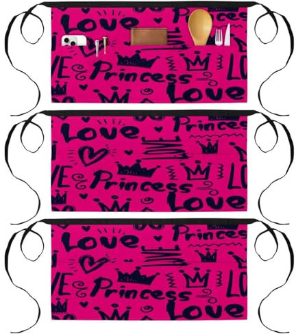 VAPOKF 3 Packungen Taillenschürze, kurze Kellnerschürze mit 3 Taschen, halbe Schürze zum Kochen, Backen, Hausreinigung, Restaurant, Arbeit, Bistro, Bar – Love Princess Crown, multi,