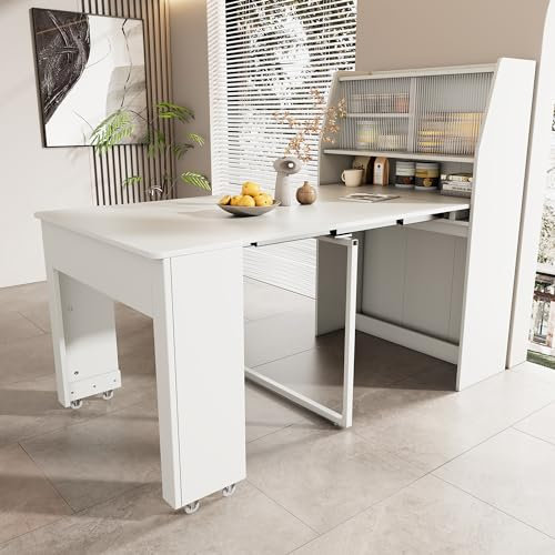 Rtopsu Ausziehbarer Esstisch, Wandtisch Esstisch mit Stauraum Regale und Schrank, Bartisch für 2-4 Personen, Multifunktionales Lounge Tisch für Esszimmer Küche Wohnzimmer, 132.5x120x80 cm, Weiß