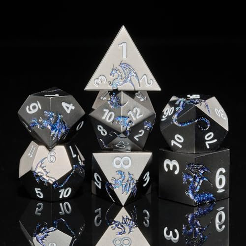 HNCCESG DND Würfel Set, Glitzernder Blauer Drache, 7 Stück Polyedrische Metall D&D Würfel Spielwürfel für Dungeons und Drachen,Tischspiel (schwarzer Glitzer, Blauer Drache)