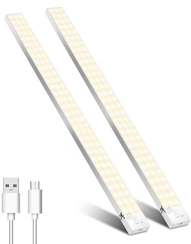 Unterbauleuchte Küche LED Schrankbeleuchtung 60cm 2Stück Warmweiß mit Bewegungsmelder Innen Akku,Schranklicht Schrankleuchten Lichtleiste USB mit Sensor für Kleiderschrank,Unterschrank,Kofferraum,RV