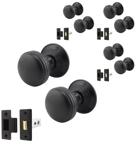 EAI Lined Door Knob Set Matt Black | 4 Pairs of Mortice Knobs (55mm) & Latch (76mm) for Internal Doors