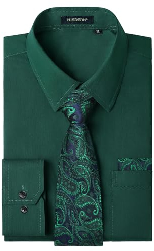HISDERN Mens Green Shirt and Tie Set Formal Dress Shirt Long Sleeve Casual Business Solid Regular Fit S