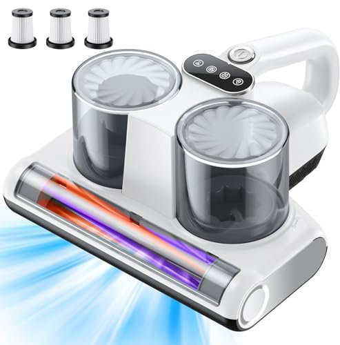 JPHYLL Aspirador de ácaros para Colchones Potencia de Succión de 16 Kpa Aspirador de Cama con Luz UV-C de 253,7 NM con 3 Filtros HEPA Tecnologías de Rodillo de Cepillo Térmico Ultrasónico Blanco