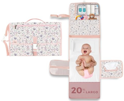 Matelas à langer portable XL – Matelas à langer imperméable – Cadeau pour nouveau-né – Accessoires pour bébé – Matelas à langer avec poches – Sac à langer portable pour bébé Rose