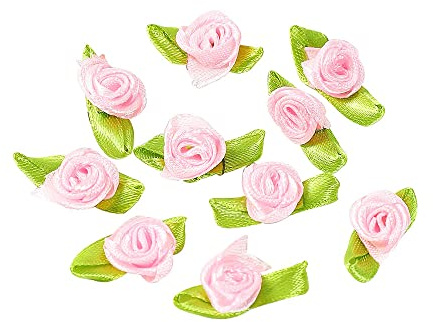 Blausky 100 Stück Künstliche Blumen Rosen Köpfe Satinrosen,Schleifen Rosen mit Blatt,Mini-Stoffrosen Satinröschen Aufnäher,Deko-Rosen Patches zum Basteln Annähen Haarschmuck 3.2x1.8cm,Hellrosa