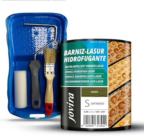 JOVIRA PINTURAS Barniz-Lasur Hidrofugante Protector Satinado al Agua y Kit con Minicubeta, Rodillo de Espuma, Varilla y Paletina. (750 Mililitros, Verde + Kit Barniz-Lasur) E-29-K