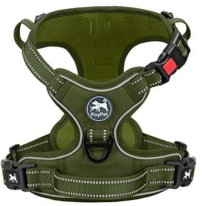 PoyPet No Pull Dog Harness, Reflective Dog Harness for No Choke Dogs, Soft Padded Pet Vest with Easy Control Handle(Army Green Matching Trim, XS)