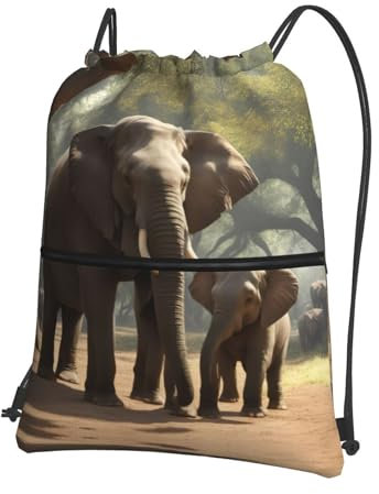 UVBDF Rucksack mit Elefanten-Kordelzug, für Fitnessstudio, Einkaufen, Sport, Yoga, Schwarz , One size