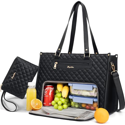 Bagstellar Lunch Tote Bag for Women, 15.6 Inch Laptop Work Bag with Insulated Lunch Box Compartment & Purse Large Capacity Quilted Computer Handbag for Office Business Work Nurse Teacher Travel Casual
