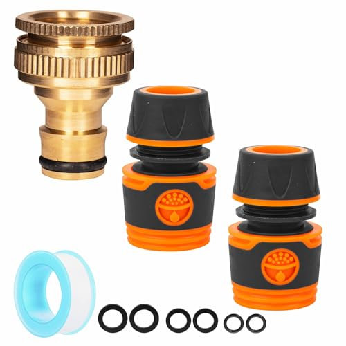 Brass Outside Tap Hose Connector 3/4 and 1/2 inch Outdoor Garden Hose Tap Connector, Brass Female Threaded Tap Connectors for Hose Pipe to Tap Adapter Hosepipe Connectors and Fittings