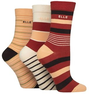 ELLE Women's Soft Cotton Socks - Plain, Striped and Patterned with Hand Linked Toes Multipack of 3 Pairs Size 4-8