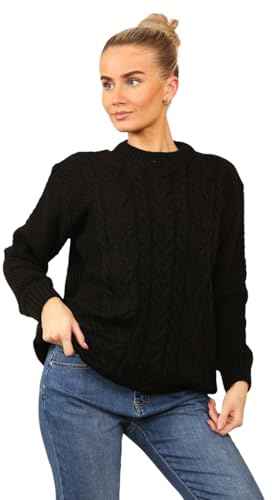 Stylo Online Ladies Cable Knit Jumper – Women Chunky Knitted Crew Neck Oversized Vintage Pullover Sweater Long Sleeve | Warm Winter Casual Top -UK Made- Small to Large