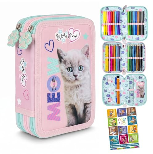 Goldkids - Federmäppchen 3 Fächer - Mäppchen für Mädchen und Jungen - Federmappe 3-Fach Federtasche 44-teilig Gefüllte Schüleretui Hausaufgabenheft- Katze Motiv