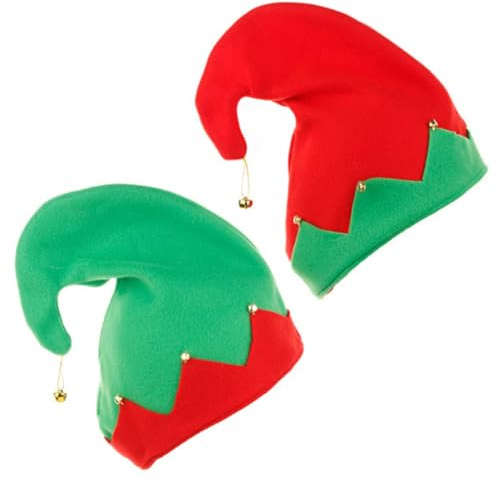 Taodyans Weihnachtself Mütze mit Glöckchen, 2er-Set Kostüm-Accessoire für Kinder und Erwachsene, Rot und Grün