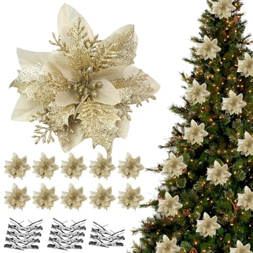 QITHGYD Weihnachtsblumen 25 Stück Mit Clips – Glitzer Weihnachtsbaum Blumen, Blumen Weihnachtsbaum Deko, Elegante Weihnachtsbaumschmuck Blüten Für Christbaumschmuck