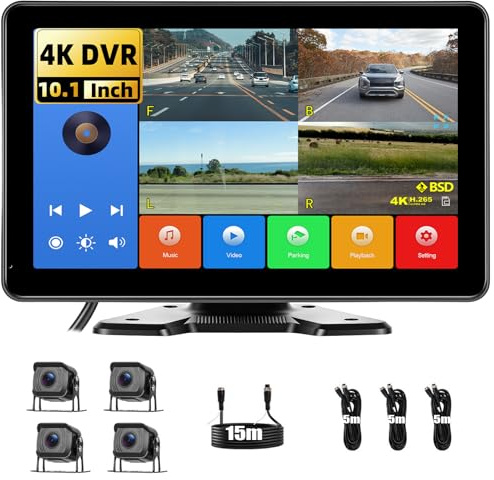GOHHDL Caméra de Recul 4 Caméras Kit Filaire, Moniteur IPS 10,1 Pouces 4K DVR avec Android Cast, étanche IP68, Enregistrement, Surveillance du Stationnement, Lignes de Stationnement, 12V-24V