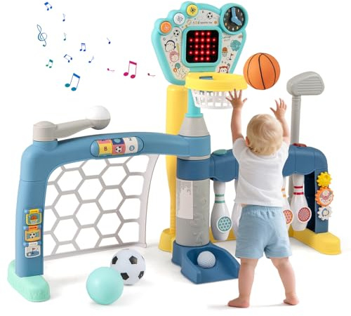 HOMASIS 5-in-1 Kinder-Basketballkorb mit Licht & Sound | Multifunktionaler Spielständer mit Fußballtor, Golf, Bowling & Baseball, höhenverstellbar mit Bällen & Zubehör