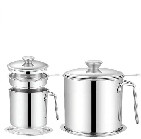 Vurixfo 1.4L Stainless Steel Oil Container with Detachable Fine Mesh, Grease Can with Lid Strainer Oil Strainer Pot Grease Container with Non-Slip Plate for Storing Bacon Fat Kitchen Frying Oil
