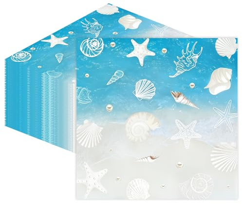 Sommer Strand Meer Muschel Servietten 40 Stück, Blumen & Muschel Muster, Einweg Papierservietten 33x33cm, Servietten für Besteck & Tischdekoration, Weich & Saugstark für Strandparty, Piknik & Urlaub