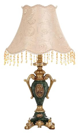 WLBHWL Viktorianische Tischlampe Mit Bedrucktem Stoffschirm, Nachttischlampe Im Europäischen Stil Mit Perlenfransen, Vintage-Grün, Schreibtischlampe Im Landhausstil, Rustikales Antikes Nachtlicht