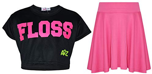 A2Z 4 Kids Girls T-Shirt and Skater Skirt Set Short Sleeve Top and Flared - Floss Black Crop & Skirt Set 7-8