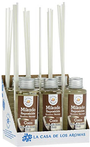 La Casa de los Aromas, Set de 6x100ml Ambientadores Mikado Coco para Reposición con Varillas, Difusor Líquido de Aroma Coco, Perfume Duradero para el Hogar, Baño, Casa