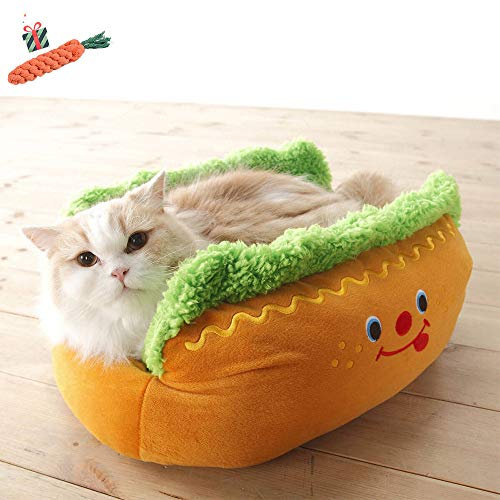 Enhome Hundebett für Katzen und Hunde mit Plüsch, Deluxe Rund in Hot Dog-Form Hundesofa Hundematte weichem rutschfest Katzenbett (63 * 47 * 21 cm,Hamburger)