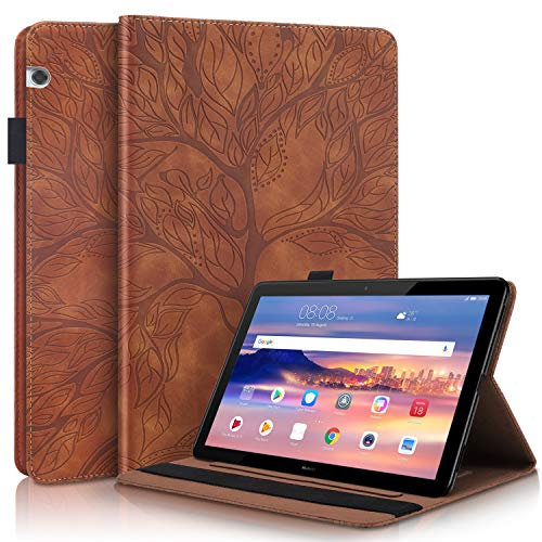 Succtop Hülle Huawei Mediapad T5-10 10,1 Zoll Schutzhülle PU-Leder Weiche TPU Case Flip Stand Stifthalter Kartenschlitz Brieftasche Tablet Hülle für Huawei Mediapad T5 10.1 Braun