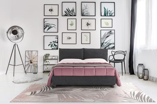 EVERGREENWEB - Letto Matrimoniale con Moderno Box Contenitore e Rete a Doghe in Legno 160x195 cm Elegante Testiera con Doppi Cuscini Tessuto Grigio Imbottito SFODERABILE Ideale per Camera da Letto