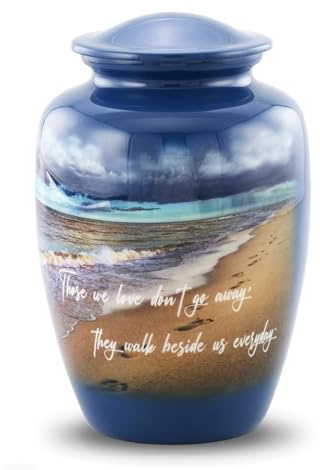 Urne funéraire bleu océan avec plage et vagues – Urne funéraire en métal de grande taille fabriquée à la main pour hommes et femmes (jusqu'à 95,3 kg) – Un bel hommage pour les amateurs de l'océan