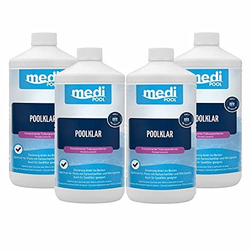mediPOOL PoolKlar 4X 1 Liter, konzentrierter Trübungsentferner, für Kartuschenfilter, Sandfilteranlagen und Whirpools, einfache Dosierung, bewährte Qualität