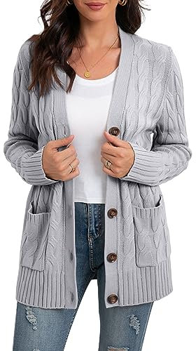 GRECERELLE Women's Knit Long Cardigans Jumpers Cardigan with Pockets with Buttons Ladies Loose Long Sleeve Knitwear Oversized Sweater Cardigan for Autumn Winter Spring (Grey, M)
