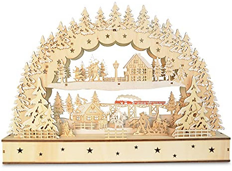 Riffelmacher 76119 - Schwibbogen Dorflandschaft mit Zug aus Holz, 45 x 32 cm, mit LED und Timer, Beleuchtung für Weihnachten, Winter und Advent