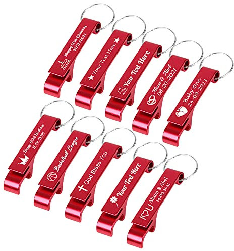 BYWEXCLESD Flaschenöffner Schlüsselanhänger Personalisiert Hochzeit mit Gravur Klein Bieröffner Schlüsselbund Mini, 10 STÜCKE, Rot