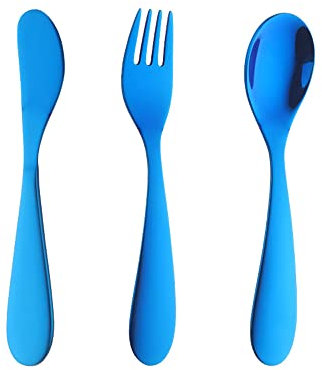 Blue Children Cutlery Metal, 3 Pcs Stainless Steel Kids Flatware Set with Knife/Fork/Spoon, Todler Silverware Healthy & Mirror Polished, Dishwasher Safe