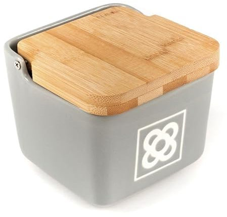 ROCKING GIFTS Salero Cocina Cerámica Gris Panot Barcelona Tapa Madera Bambú 12 cm