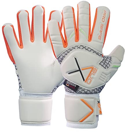 x one Profi Torwarthandschuhe Kinder weiß orange - Größe 6 - inkl. praktischer Tragetasche - Premium Fussball Tormannhandschuhe für jedes Wetter - extra starker Grip + doppeltes Verschlussband