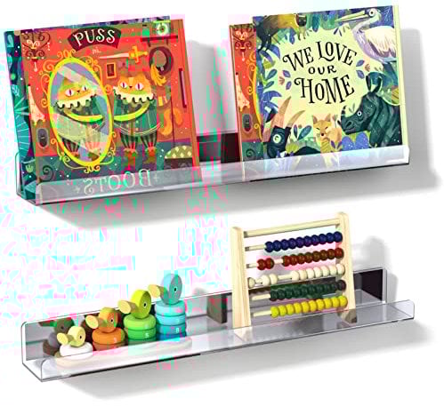 NiHome Magnetisches Acryl-Bücherregal, 43 cm für Whiteboards, 2 Stück, schlank, leicht zu reinigen, großes Bilderbuch-Display, magnetische Kühlschrankregale halten bis zu 3.9 kg (transparent)
