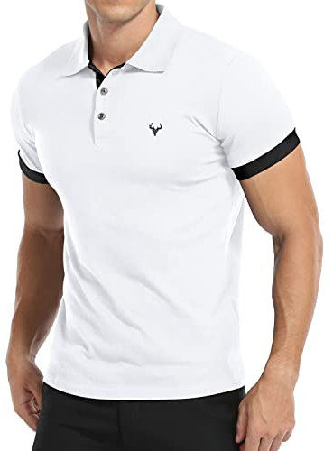 KUYIGO Men's Short Sleeve Polo Shirt Casual Cotton Shirts Essential Slim Fit Design L White