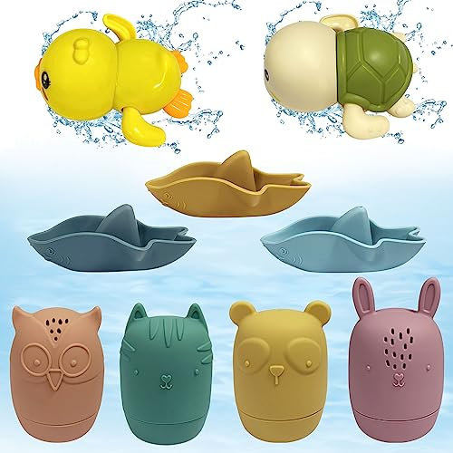 9x Badewannenspielzeug, Techextra Badespielzeug baby ab 1 2 3 4 jahr, Silikon Wasserspielzeug Kinder, Badewannen Spielzeug 4 Tier Spritzen Spielzeug, 3 Badewal & 2 Schwimmende Aufzieh Wasser Spielzeug