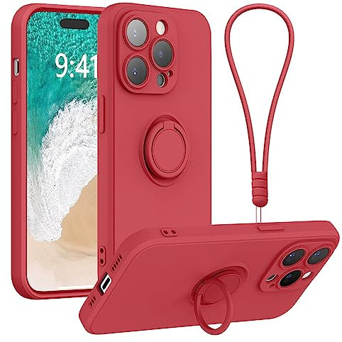 Galful Silicone Phone Case for iPhone 14 Pro with Wrist Strap Lanyard,Finger Ring Holder Magnet Car Holder Ultra Slim TPU Shockproof Protective Phone Case Cover for iPhone 14 Pro,Red