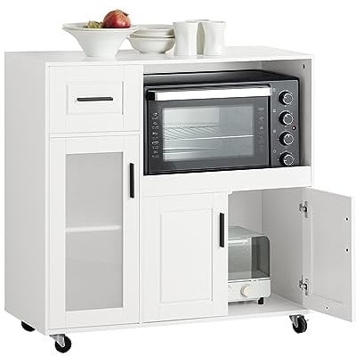 SoBuy FSB78-W Aparador de Cocina para Microondas con 4 Ruedas Mueble Auxiliar de Almacenamiento Buffet de Comedor con 3 Puertas y 1 Cajón 88,5 x 40 x 89 cm Blanco ES