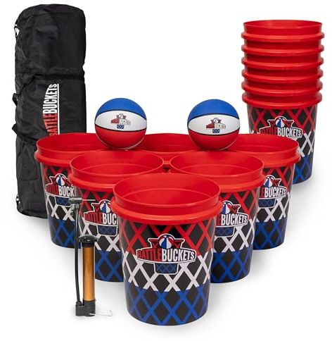 Battle Buckets – Riesiges Yard Pong und Basketballspiel mit 12 Eimern, 2 Bällen, Tragetasche und Luftpumpe – Outdoor-Spiel für Rasen, Hinterhof, Strand, Partys